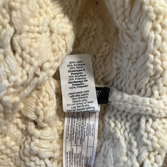 J CREW womens Hat IVORY Basketweave Knit Faux Fur Pom Beanie WOOL BLEND - Picture 4 of 4